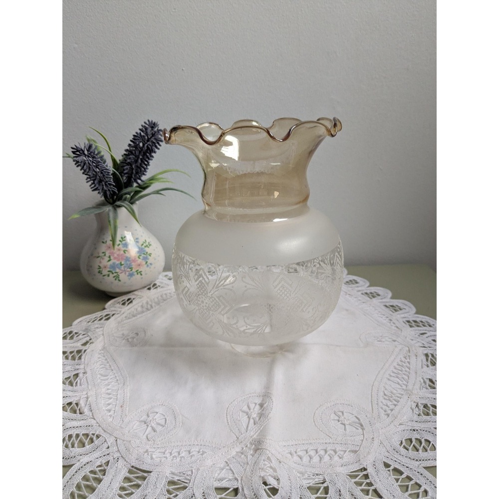 Vintage Frosted Glass Lamp Shade Replacement, Etched Floral Globe, Amber Ruffled